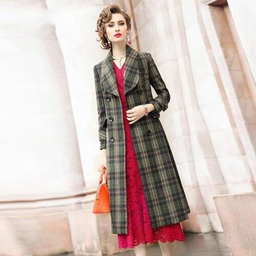 British High Quality Wool Coat Woman Maxi Long Trench Plaid Double Breasted Woolen Blends Vintage OL Business Female Overcoat