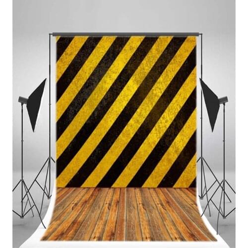 Photography Backdrop Black and Yellow Warning Wooden Floor