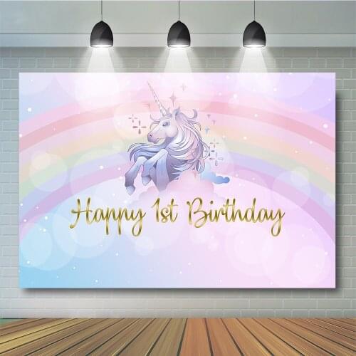 Happy 1st Birthday Unicorn Backdrop Pink Rainbow Background for Birthday Party Fansty Children Girl Photobooth Photocall