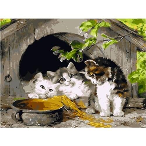 Frameless Painted Three cats Animal Canvas Painting Diy Digital Paintings By Numbers Modern Wall Art Picture For Home decoration