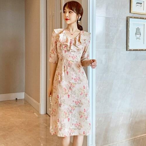 Fashion Summer Casual Vintage Half Sleeve Midi Party Dress Ladies OL Streetwear Elegant Floral Print Folds Chiffon Ruffle Dress