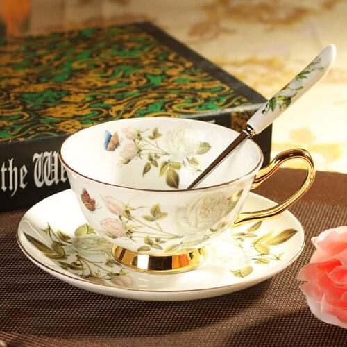 European Style GILDING Demitasse tea cup mat Ceramic Coffee Cup and saucer Set Porcelain Drinkware Mug Flower Of White Rose