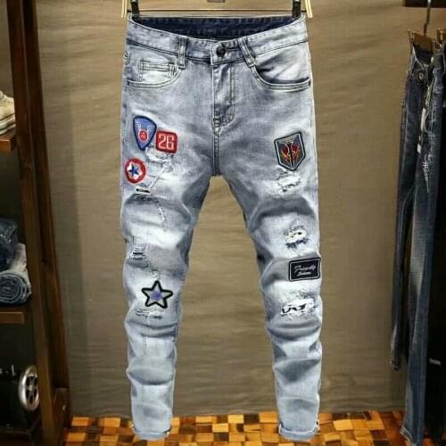 New 2021 Fashion Slim Small Straight Stretch Blue Youth Mens Jeans Skinny Embroidered patch teenager street pencil pants