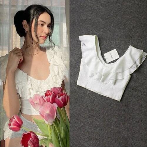 New Fashion White Color Women Tops Ruffles Good Quality Casual Short Shirts Clothes Lady U-Neck Tees