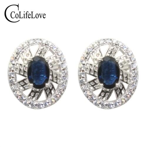 Fashion silver dark blue sappire stud earrings for party 4 mm * 6 mm natural Chinese sapphire earrings solid 925 silver jewelry