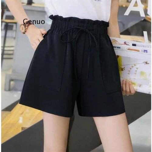 Women Above Knee Fashion Summer Shorts Lady Home Casual Solid Wide Leg Loose Short Pants High Waist Stretched Capris