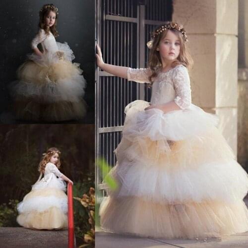 Modest Baby Flower Girl Dresses For Wedding Party Jewel Neck Ruffle Ball Gown Lace Applique Tired Princess Pageant Girl Dress