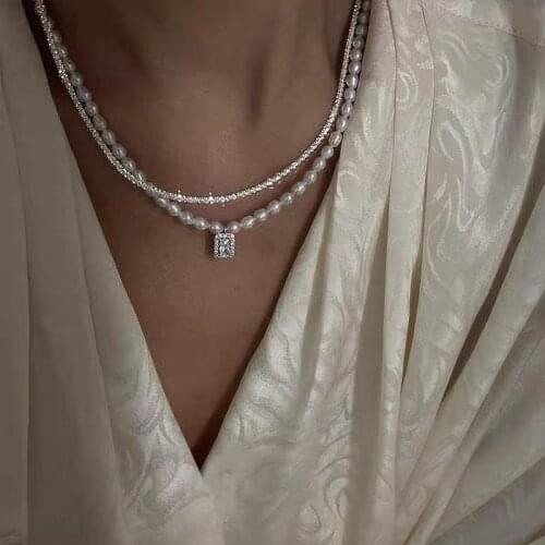 TIMEONLY French Double Layered Imitation Pearl Chain Choker Necklace Square Crystal Sweater Neckalce for Women Girls Jewelry