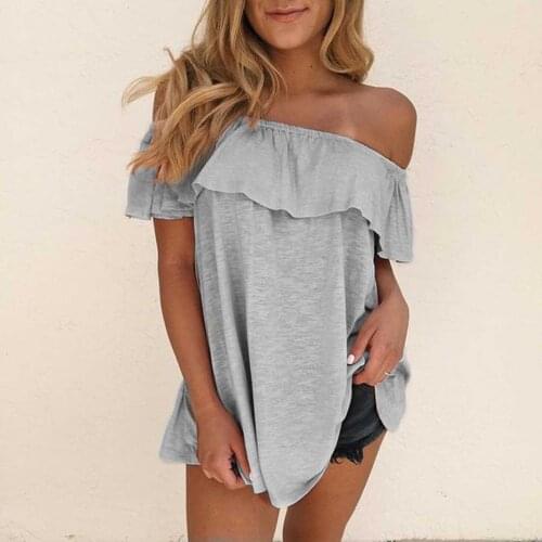 Sexy Top Cute Pink Women Shirts Summer Outfits Off One Shoulder Ruffled Short-sleeved Tee Tops Femme Solid Color Slim Blouse Топ
