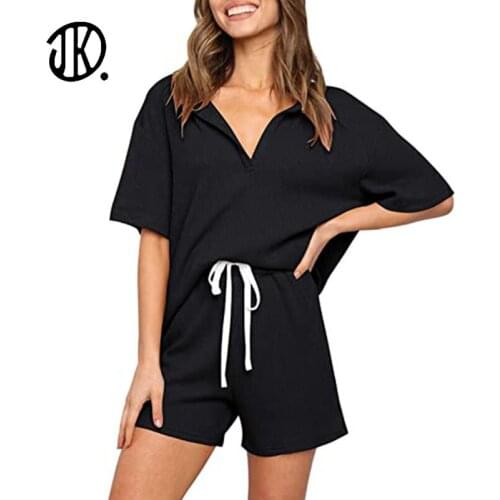 Ladies Solid Color Pajama Set Summer Homewear 2 Piece Set V Neck Shirt + Bangage Short Tracksuit Suits Female Casual 2021 Outfit
