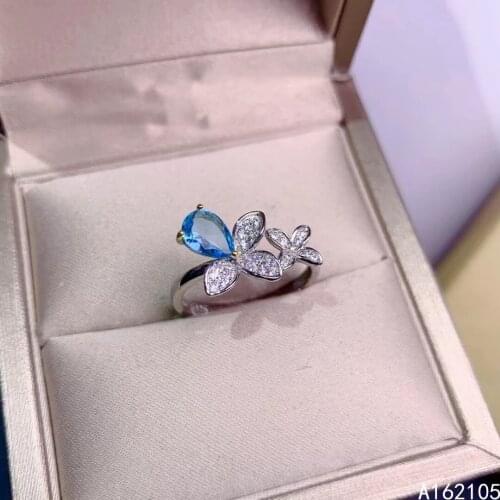 925 pure silver Chinese style natural Swiss blue topaz womens luxury elegant water drop plant open gem ring fine jewelry suppor