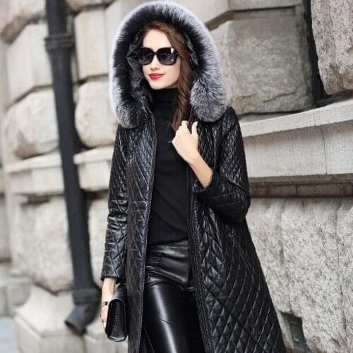 Women Winter Padded Long Sheepskin Overcoat Real Fox Fur Collar Hoody Genuine Leather Jacket Windbreaker Trench Coat Plus Size