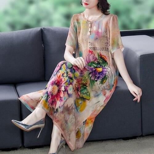 2021 New Summer Women Large Size Loose Elegant Printing Short Sleeves Dresses Female Vintage Korean Style O-neck Dresses K15