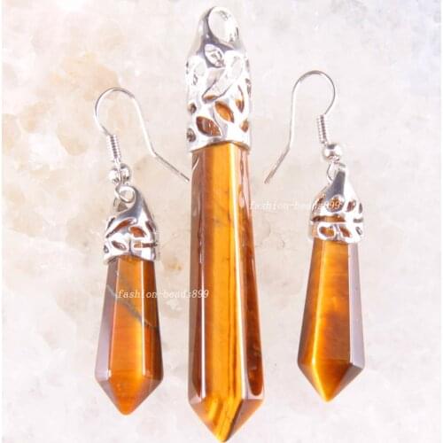 Golden Tiger Eye Set Hexagonal Column Bead Natural Stone Pendant Earrings Jewelry Set for Women Men Gift K1666