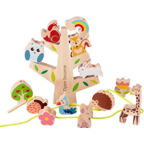 15pcs DIY Wooden Montessori Toys Children Beaded Game Animals Building Blocks Stacking and Balancing Toys With Box