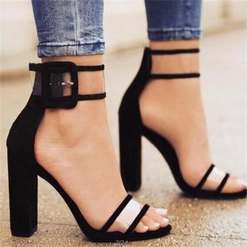 Ladies Bandage Transparent Sexy Summer Party Flock Sandal Shoes 35-42 SizeWomen Ankle Strap High Heel Sandals Shoes