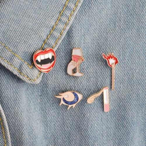 5pcs/set Mouth Wine glass Moon Cigarette Matches Brooch Fashion Women Enamel Lapel Pin Denim Jackets Bag Accessories