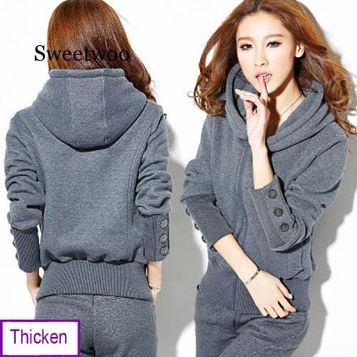 2 Pieces Sets Women Hooded Top Shirts+Pants Casual Sporting Suit Winter Plus Size Thick Sportswear Fashion Warm Clothing Outfits