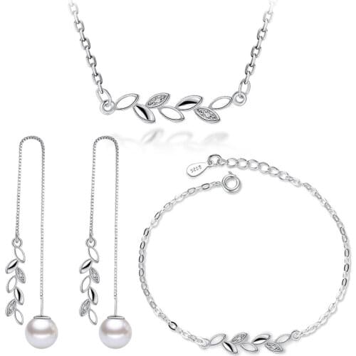 925 Sterling Silver Simple Leaves Jewelry Sets Zircon Necklace Earrings Bracelet For Women Girl Gift