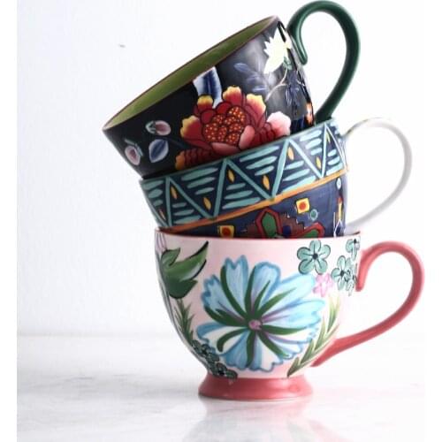 Creative Ceramic Breakfast Cup Handpainted Flower Mug Milk Cup Oat Cup Dessert Cup Couple
