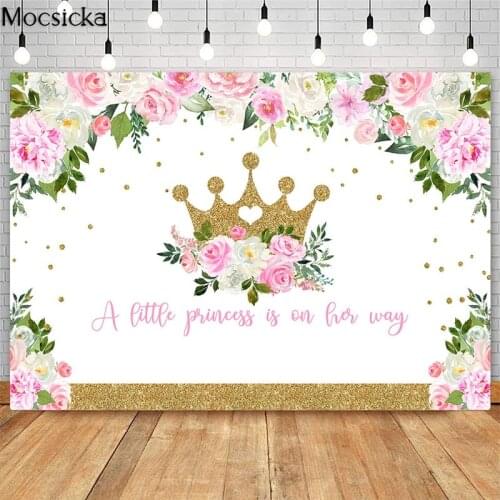 Mocsicka Pink Floral Golden Crown Baby Shower Backdrops Litlle Princess Baby Shower Photography Background Decorations Banner