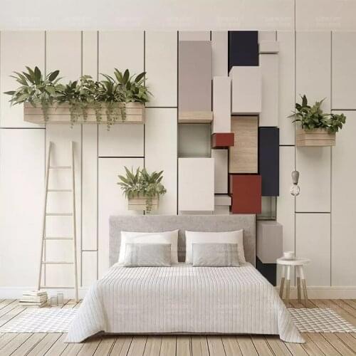 Custom Geometric Cube Mosaic Fresh Green Plant Potted Mural 3D Wallpaper Living Room TV Background Wall Home Decor Wall Cloth