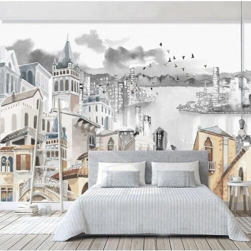 Custom Wallpaper Waterproof Wall Cloth Modern Hand-painted Abstract Ink Architecture Mural Living Room Bedroom Decorative Fresco