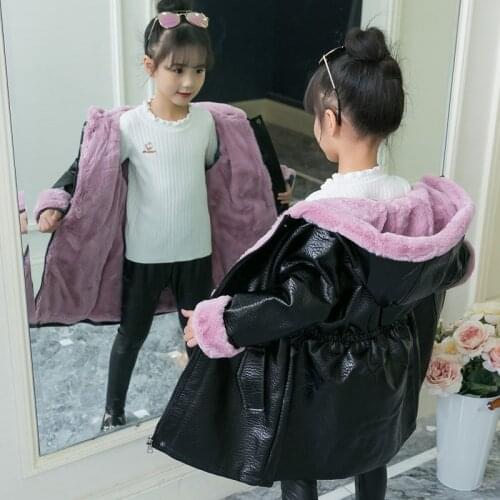New Thicken Warm Leather Jacket For Girls Winter Fur Leather Brushed Coat Children Solid Casual Warm Outerwear 3T-14T