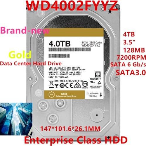 New HDD For WD Brand Gold 4TB 3.5" SATA 6 Gb/s 128MB 7200RPM For Internal Hard Disk For Enterprise Class HDD For WD4002FYYZ