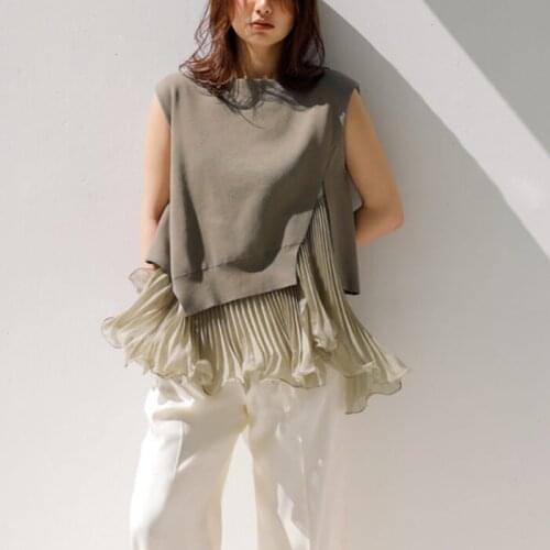 Office Wear Elegant Sleeveless Pullovers Japan Style Simple O Neck Loose Summer Sweaters 2021 Solid Ruffles Patchwork Chic Tops