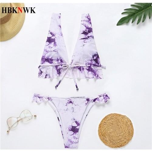 Sexy Women Ruffle Bikini Set Tie Dye Print Two-pieces Swimwear biquinis Summer Swimsuit Beachwear Female Swimming Bathing Suit