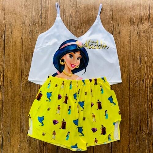 Womens Girl Printed Sleepwear Sexy Satin Pajamas Set Spaghetti Strap Loose V-Neck Pyjamas Sleeveless Cute Cami Top and Shorts