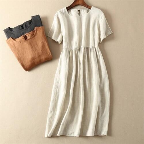 Limiguyue Luxury Summer Cotton Linen Dresses Vintage Loose Women Midi Dress Slim Elegant Round Neck Short Sleeve Dress K2729