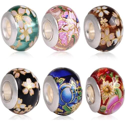 Handwork DIY Craft Colorful Flower Drawing Painted Crystal Glass Bead Charms Big Hole for Pandora Jewelry Bracelet Necklace