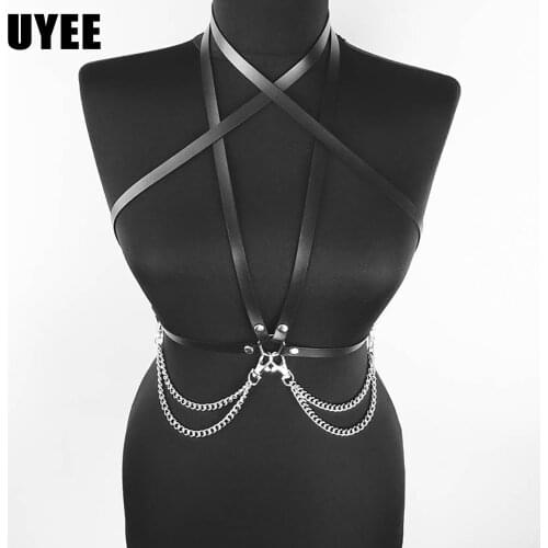 UYEE Sexy Women Chest Bondage PU Leather Harness Neck Strap Lingerie Garter Belt Bra Cage Lady Clubwear Body Chain Suspenders