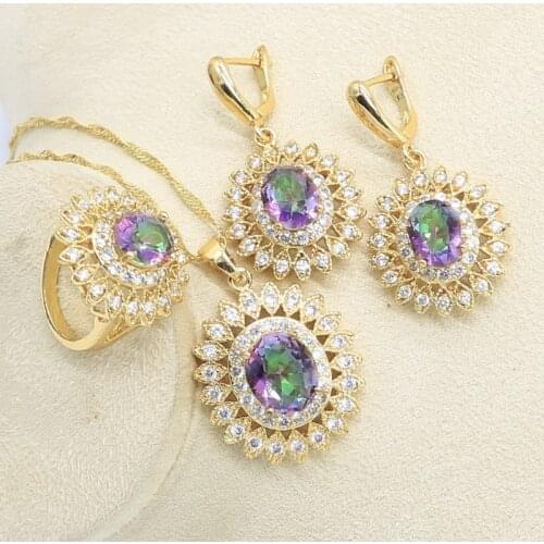 Flower Shape Multicolor Crystal Gold Color Jewelry Set for Women Earrings Necklace Pendant Ring Birthday Gift