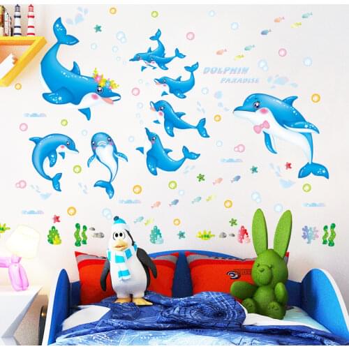 [shijuekongjian] Dolphins Wall Stickers DIY Ocean Animals Wall Decals for Kids Room Baby Bedroom Nursery House Decoration