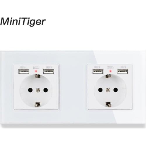 Minitiger 2 Gang Russia Spain EU Standard Wall Socket + Dual USB Charge Port Hidden Soft LED Indicator Glass Panel 172 * 86 MM