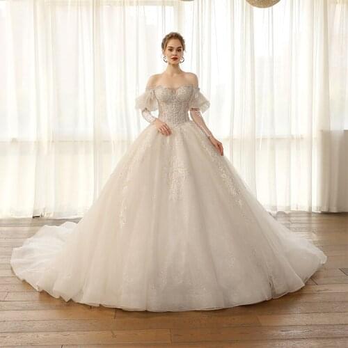 SL-8179 princess ball gown wedding dress with long sleeves off shoulder bridal dresses lace appliques wedding gowns for women