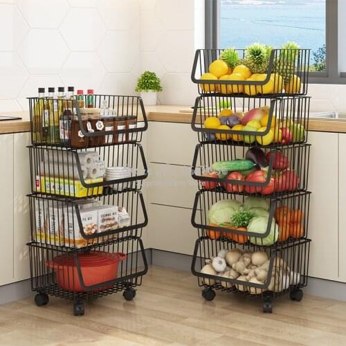Black Carbon Steel Storage Rack Holder Vegetable Fruit Kitchen Organizer Home Floor Rack with Wheels Multi-layer Mobile Shelf