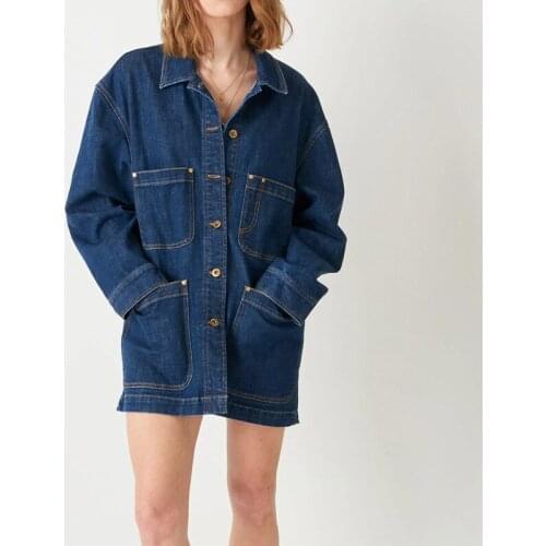 2021 Autumn Winter Women Denim Coat Ladies Turn-Down Collar Long Sleeve Single-Breasted Jacket Outwear Tops With Multi Pockets