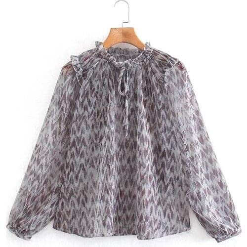 Ladies chiffon shirt light ruffled blouse printed shirt sweet girly tops