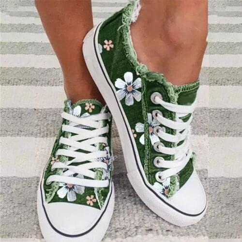 Women Floral Sneakers 2021 All Season Classic Retro Ladies Denim Fabric Lace Up Casual Canvas Shoes Outdoor Large-Sized Flats