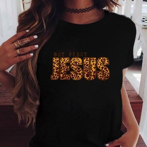 Leopard But First Jesus Printed Easter Woman Tshirts Graphic T Shirts Aesthetic Clothes Harajuku Tops for Women Ladies Plus Size