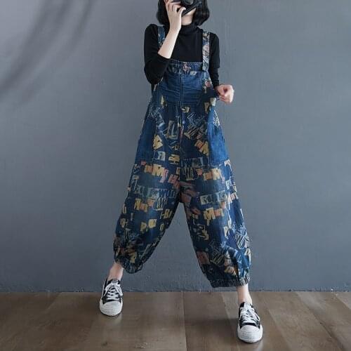Streetwear Fashion Letter Printed Jeans Jumpsuits For Woman 2021 New Cowboy Suspanders Denim Rompers Loose Rompers Spring Pants