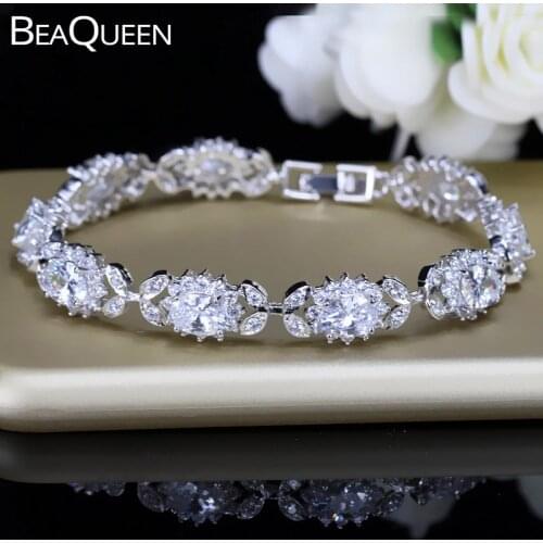 BeaQueen Elegant Clear Oval Cubic Zirconia Paved Crystal Flower Bracelets Bangles for Women Luxury Wedding Party Jewelry B066