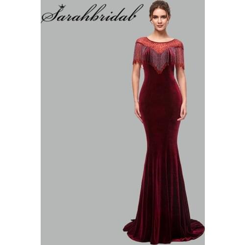 In Stock Sparkle Evening Dresses Scoop Short Sleeve Empire Mermaid Party Gown Tassel Illusion Floor Length Robe De Soiree 5400