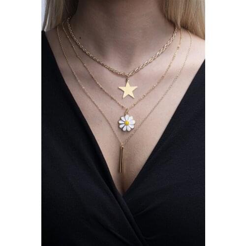 Womens Necklace 2021 Trend Gold Color Daisy Star And Rod Figured Kombin Necklace