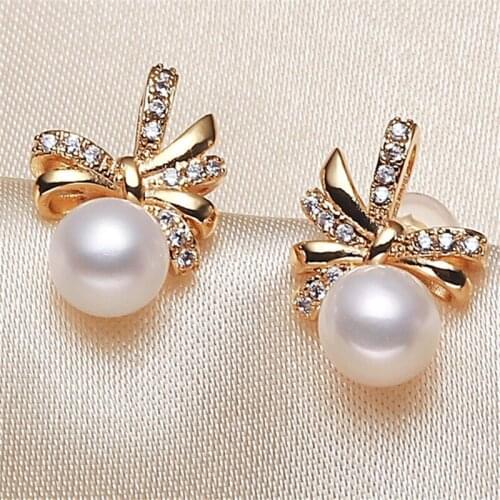 Hot Bow Knot 6-7MM Real Freshwater Pearl Earrings Gold Plated Stud Earrings Nice Party Wedding Female Girls Gift 10 pairs/lot