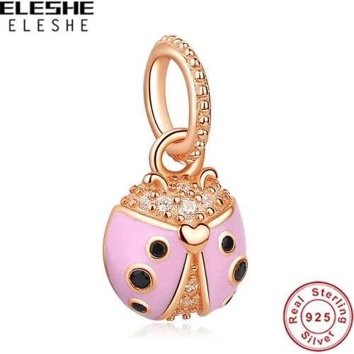 100% 925 Sterling Silver Rose Gold Clear CZ Bead Pink Ladybug Dangle Charm Fit Women DIY Bracelet Bangle Jewelry Gift